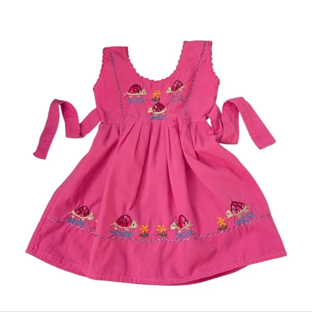 Vintage Girls Pink Embroidered Turtle Floral‎ Sundress